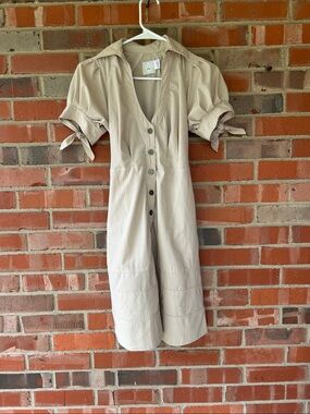 Buzz Tie-Sleeve Midi Dress in Beige with Button Front